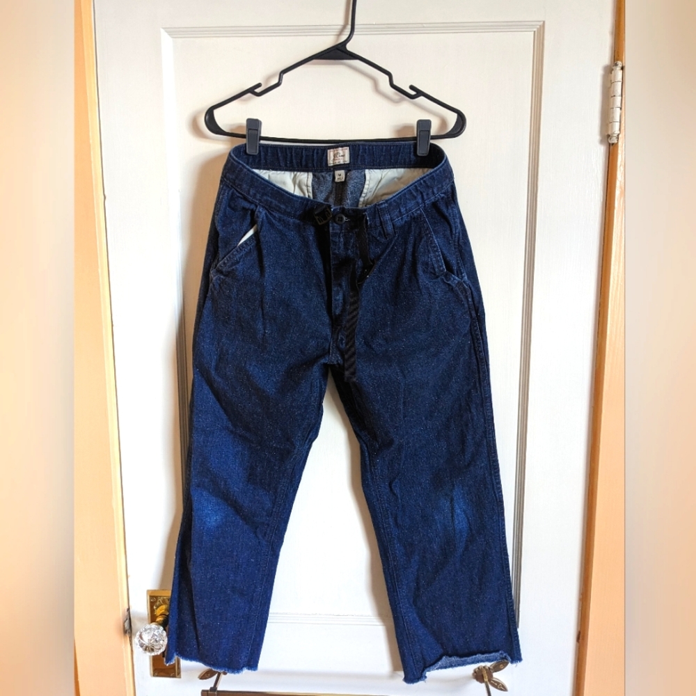 J Crew Japanese neppy denim belted pant size medium 32-34 raw hem 28 inseam